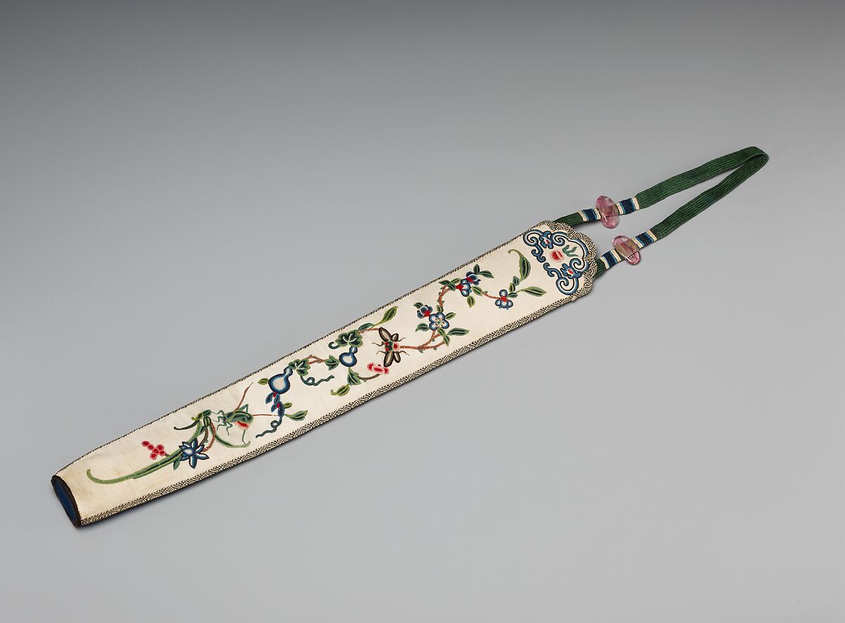 Fan Case with Flowers and Insects on a White Background, Silk and metallic-thread embroidery on silk satin, China 