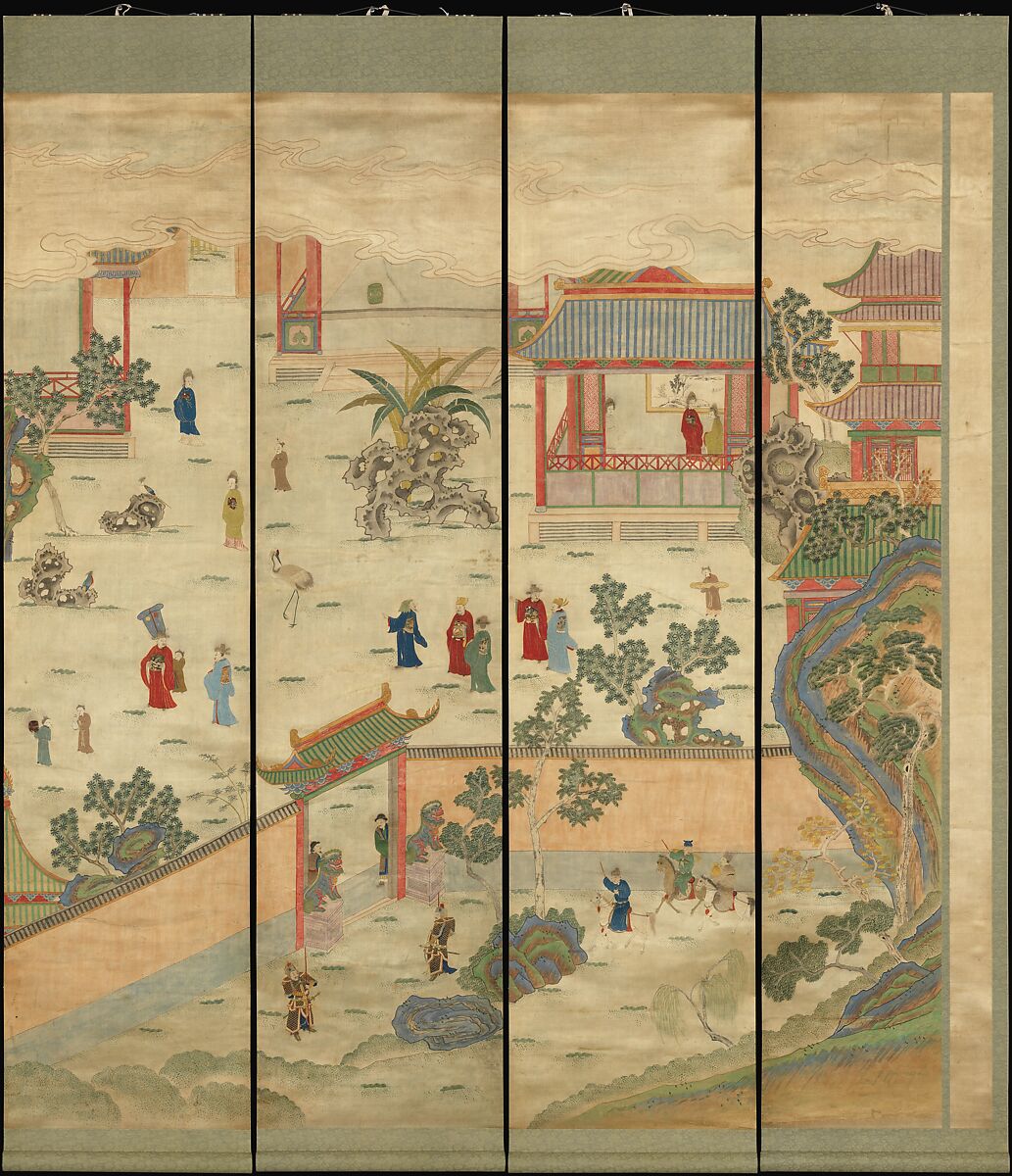 Celebratory scene, Set of 12 hanging scrolls; silk embroidery and paint on silk satin, China