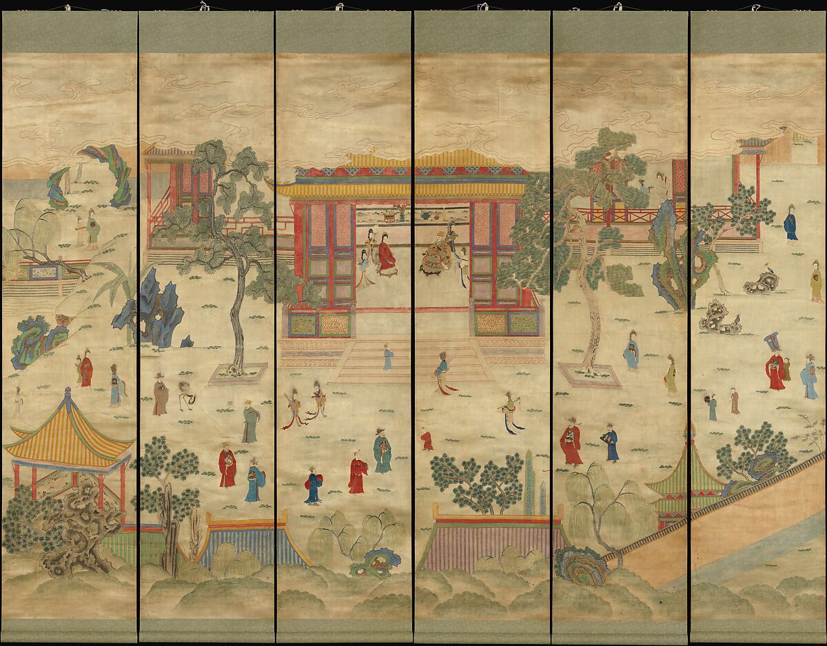 Celebratory scene, Set of 12 hanging scrolls; silk embroidery and paint on silk satin, China