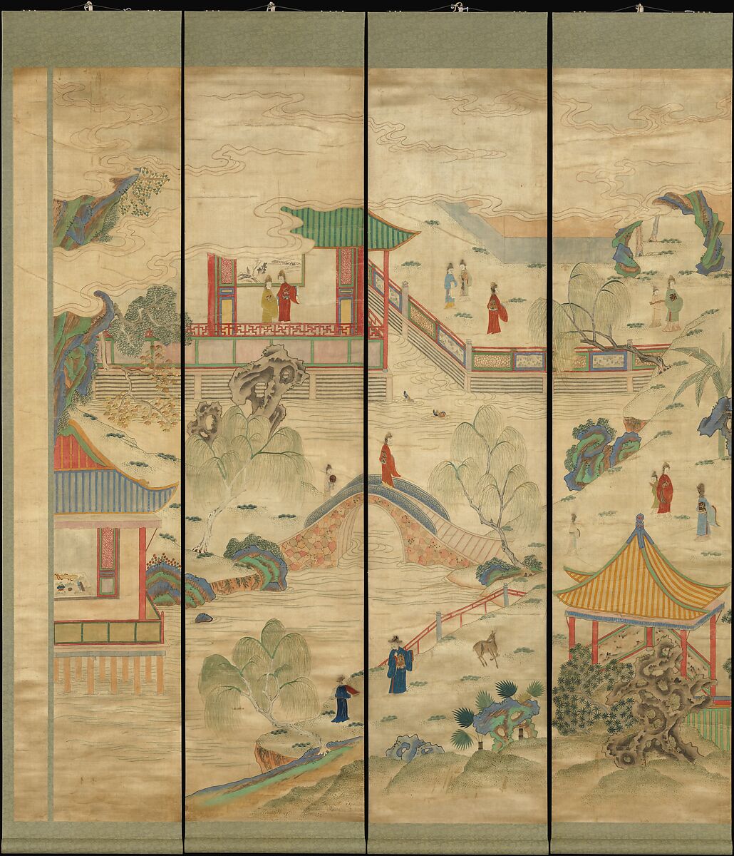 Celebratory scene, Set of 12 hanging scrolls; silk embroidery and paint on silk satin, China