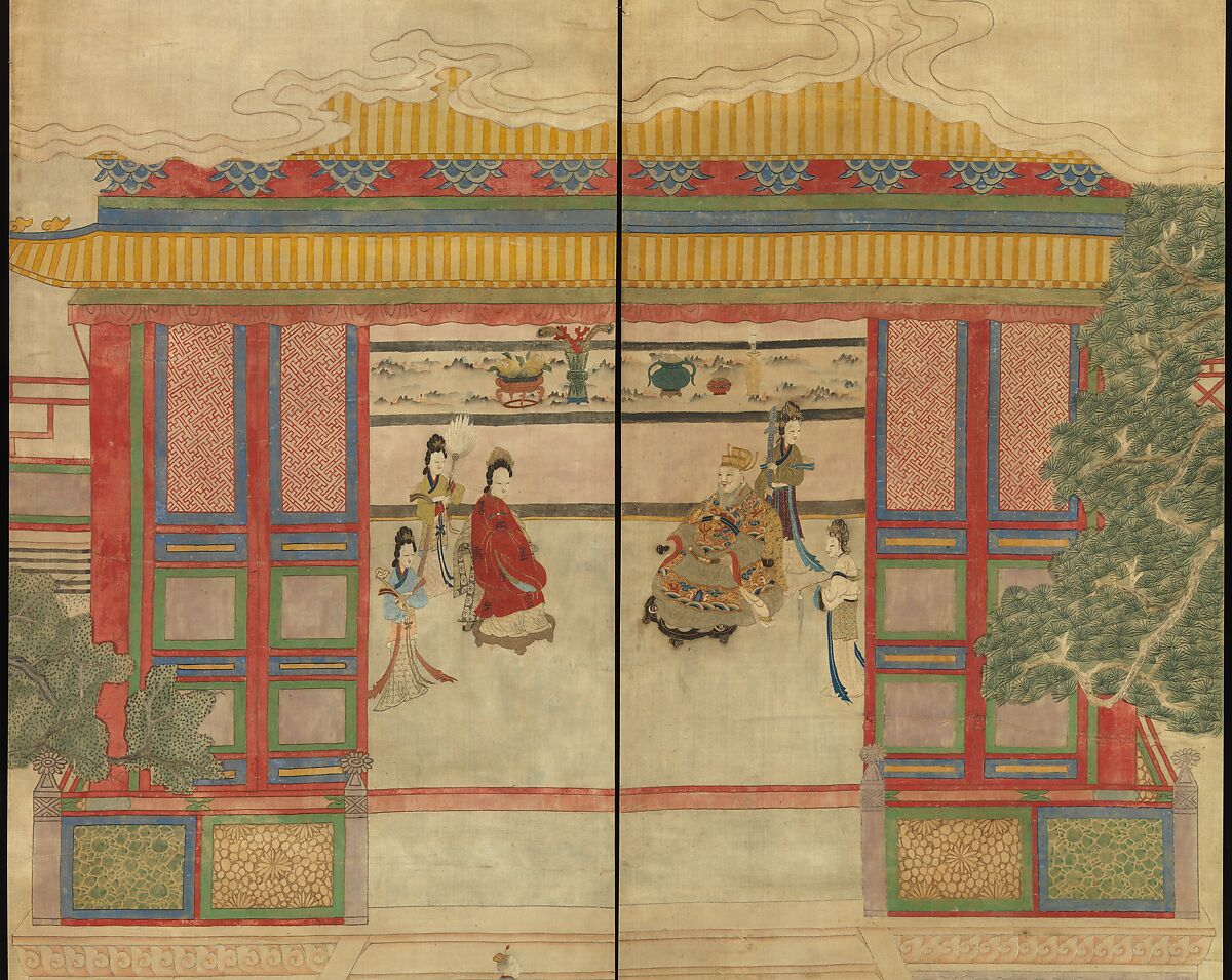 Celebratory scene, Set of 12 hanging scrolls; silk embroidery and paint on silk satin, China
