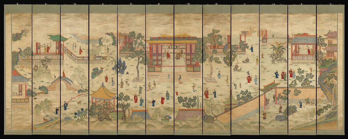 Celebratory scene, Set of 12 hanging scrolls; silk embroidery and paint on satin, China 