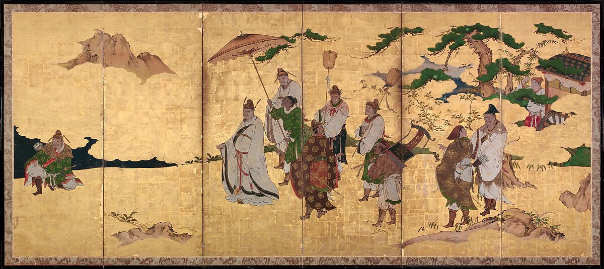 Meeting between Emperor Wen and Fisherman Lü Shang, Attributed to Kano Takanobu (Japanese, 1571–1618), Pair of six-panel folding screens; ink, color, and gold on gilded paper, Japan 