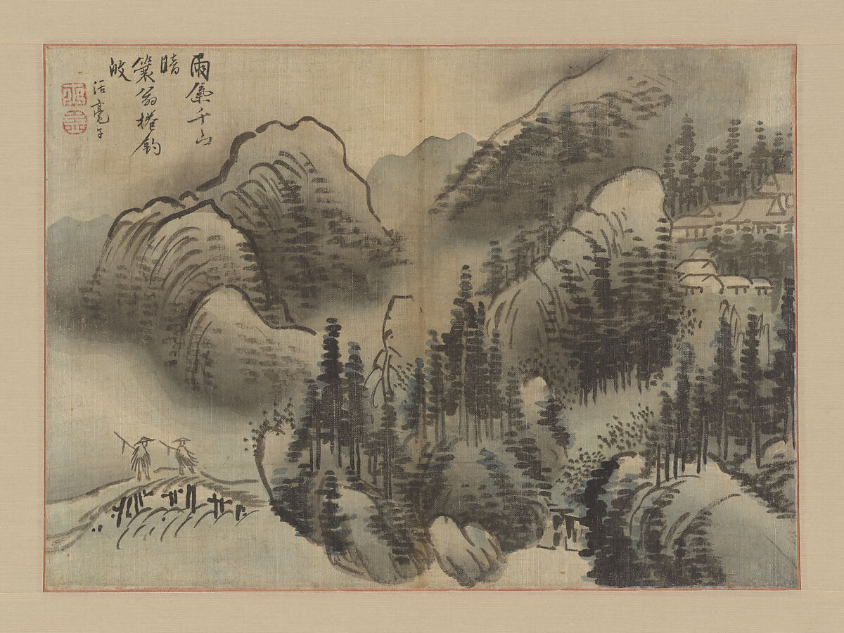 Rainy Landscape, Kim Su-gyu (Korean, active late 18th–early 19th century), Album leaf mounted as a hanging scroll; ink and color on bast fiber, Korea 