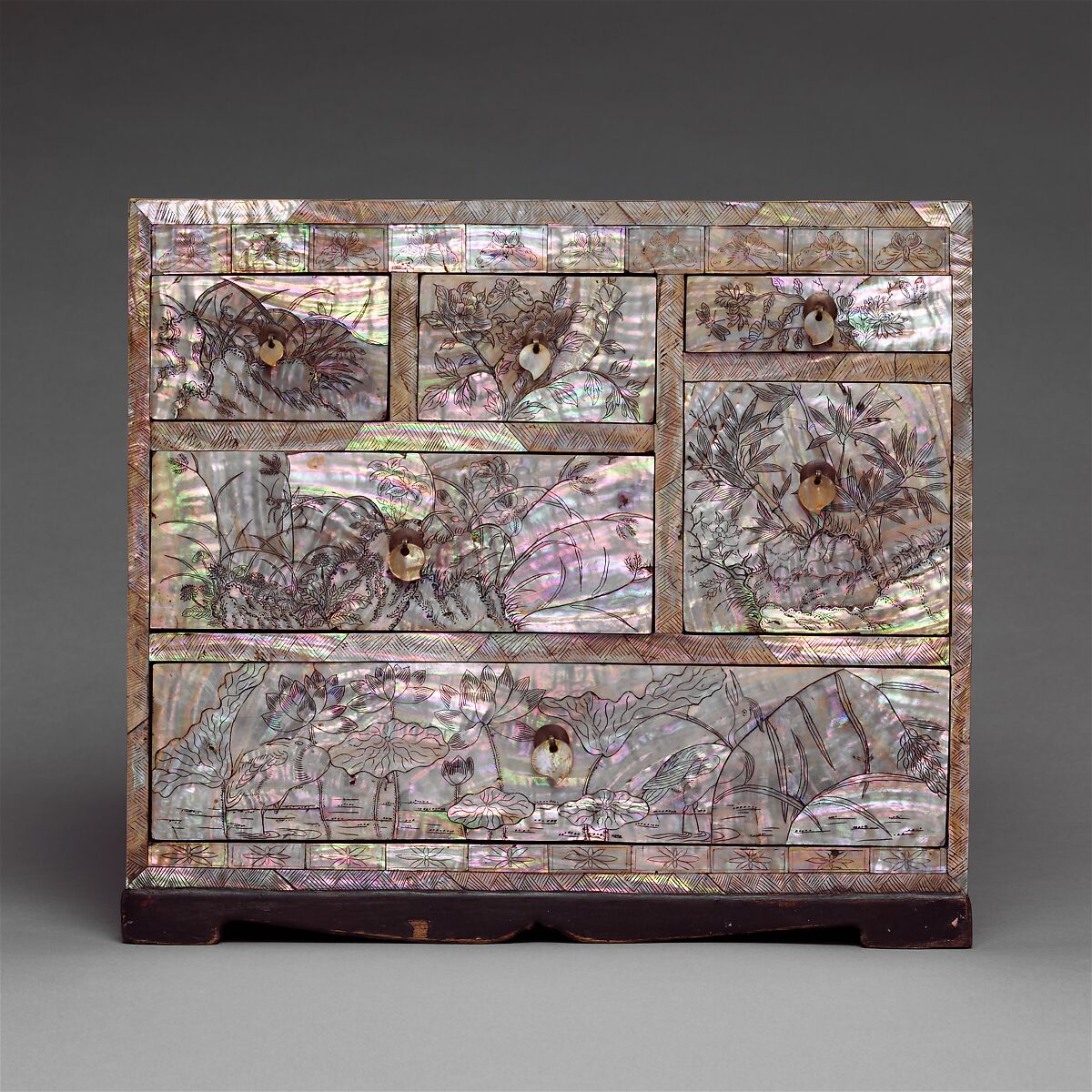 Small chest of drawers decorated with flowers, birds, and insects, Lacquer inlaid with mother-of-pearl, with incised design, Korea
