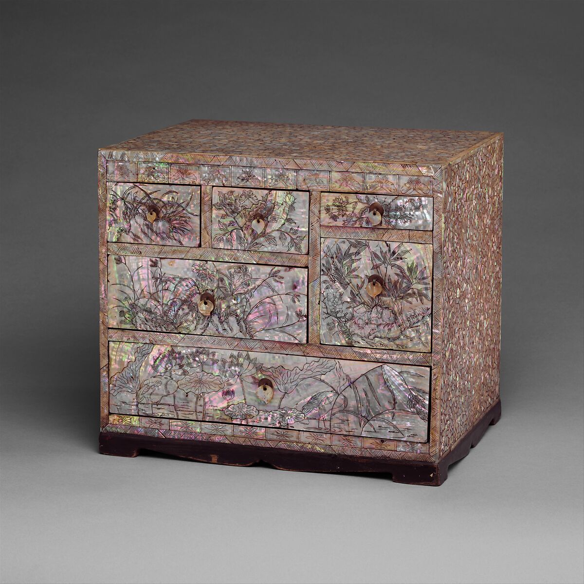 Small chest of drawers decorated with flowers, birds, and insects, Lacquer inlaid with mother-of-pearl, with incised design, Korea 