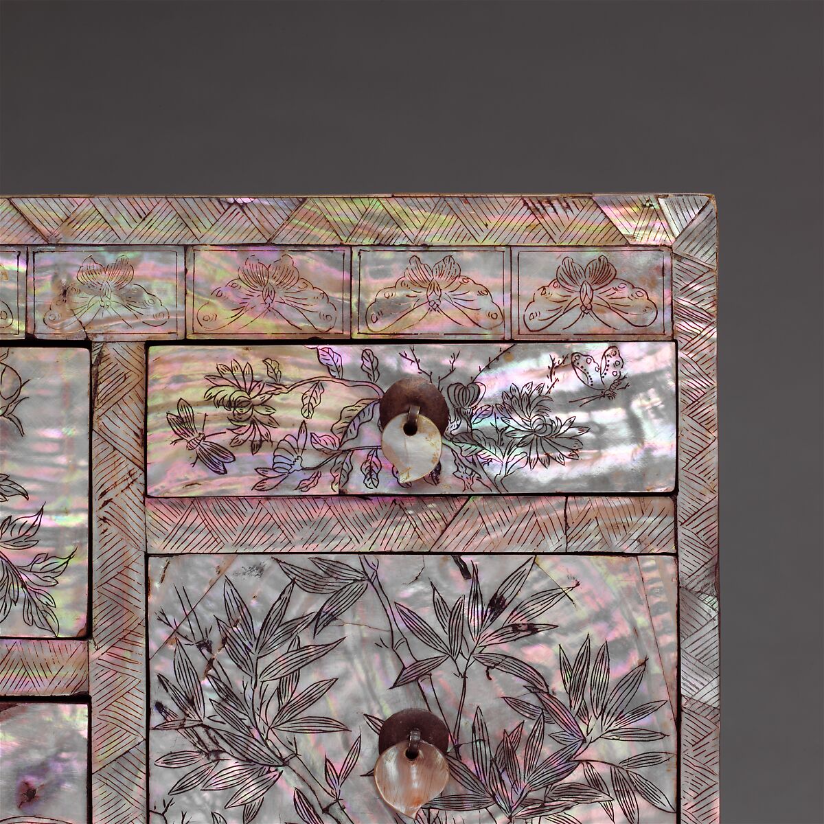 Small chest of drawers decorated with flowers, birds, and insects, Lacquer inlaid with mother-of-pearl, with incised design, Korea