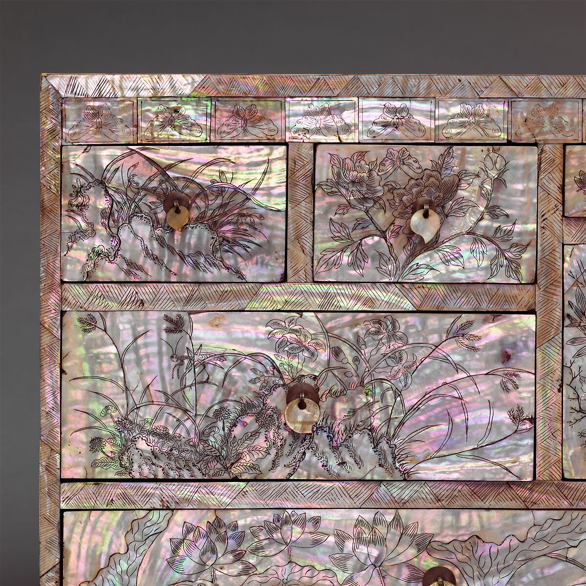 Small chest of drawers decorated with flowers, birds, and insects, Lacquer inlaid with mother-of-pearl, with incised design, Korea