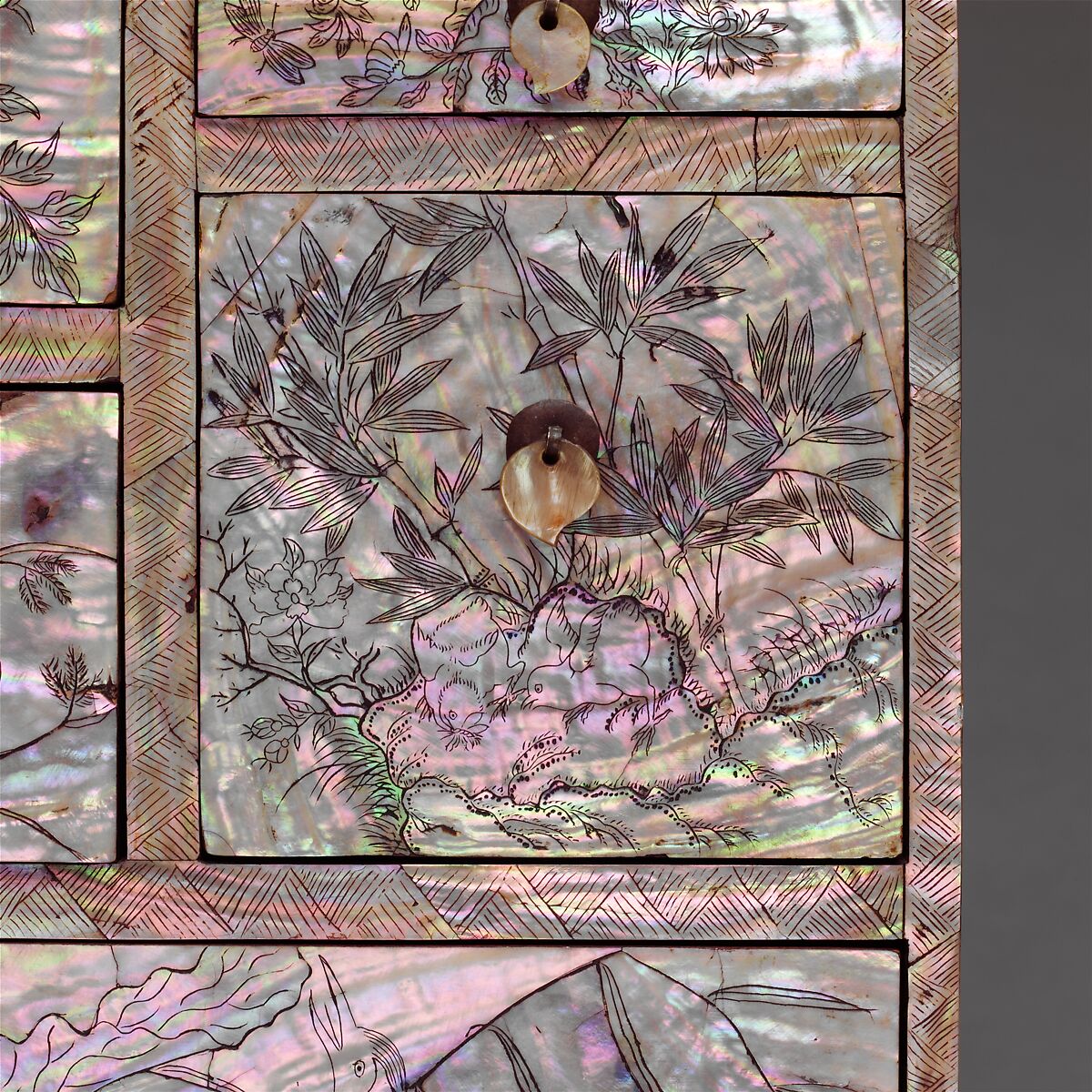 Small chest of drawers decorated with flowers, birds, and insects, Lacquer inlaid with mother-of-pearl, with incised design, Korea