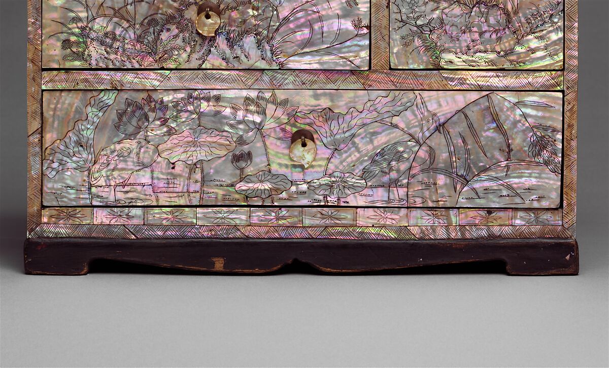 Small chest of drawers decorated with flowers, birds, and insects, Lacquer inlaid with mother-of-pearl, with incised design, Korea