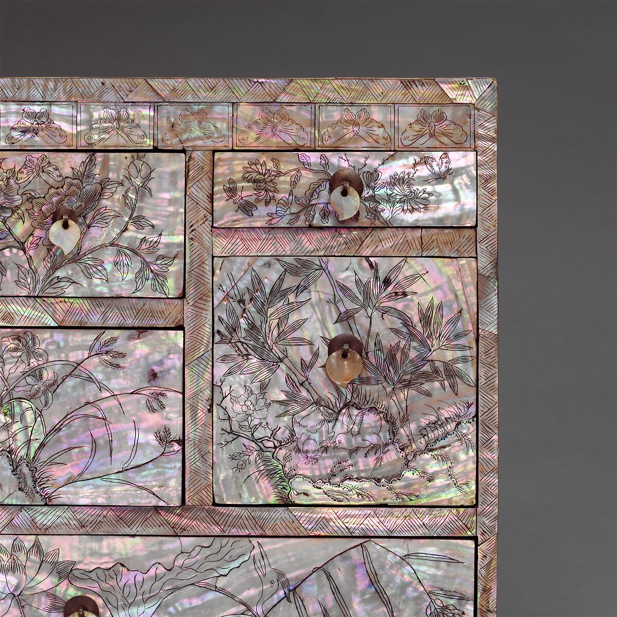 Small chest of drawers decorated with flowers, birds, and insects, Lacquer inlaid with mother-of-pearl, with incised design, Korea