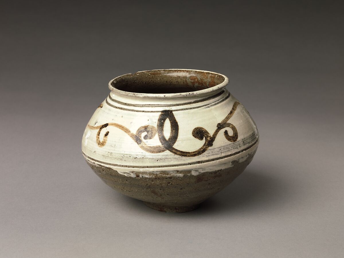 Jar with floral scroll, Buncheong ware with white slip and iron-brown, Korea 