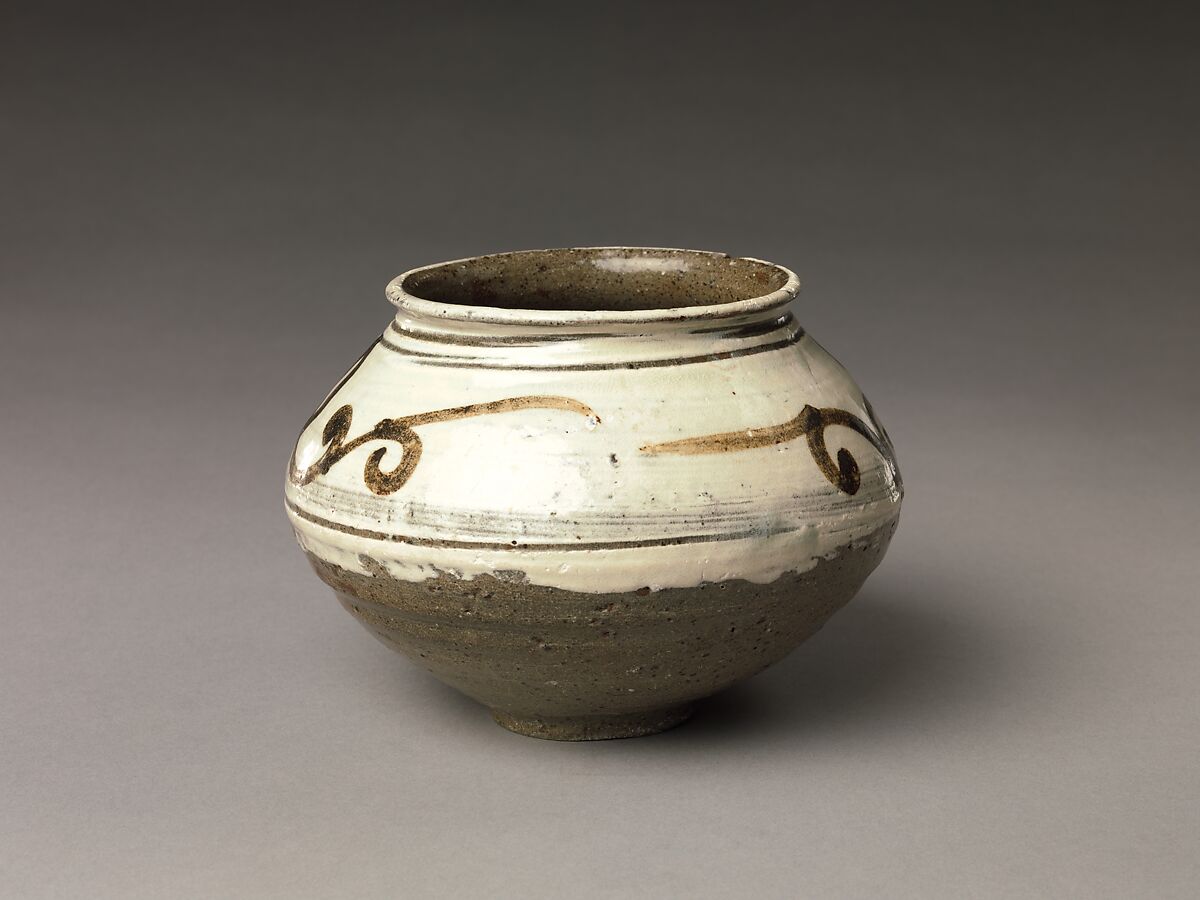 Jar with floral scroll, Buncheong ware with white slip and iron-brown, Korea