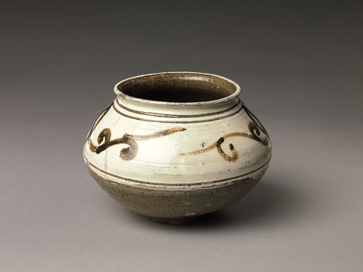Jar with floral scroll, Buncheong ware with white slip and iron-brown, Korea