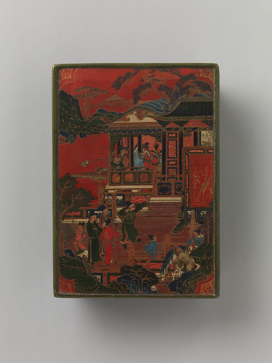 Box Lid with Competition Scene, Polychrome lacquer painted with oil colors, China