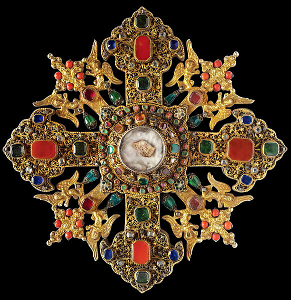 Reliquary Cross with Relics of Saint George, Silver, emerald, coral, cornelian, colored stones, glass, and silver gilded, Armenian 