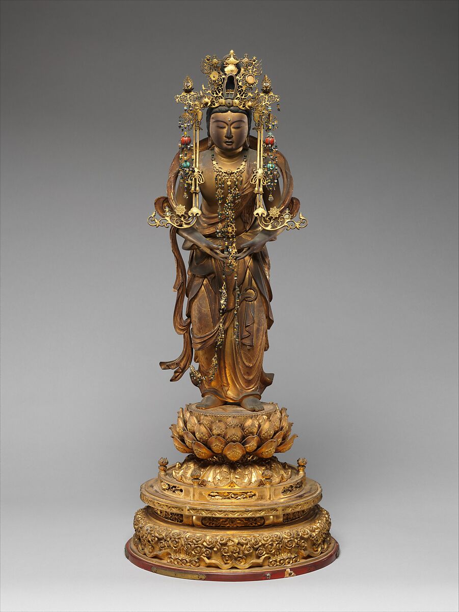 Bodhisattva Kannon, Wood with lacquer, gold leaf, cut gold leaf (kirikane), and metal, Japan 