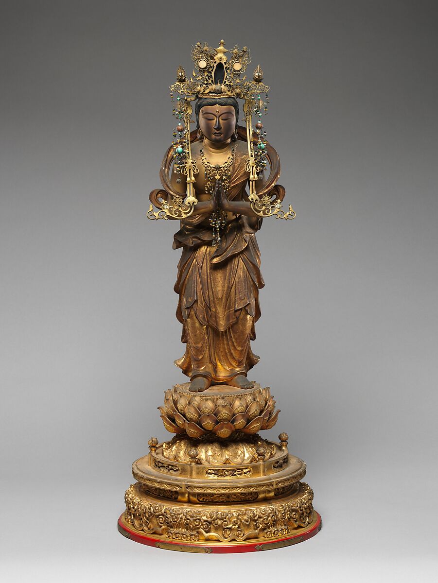 Bodhisattva Seishi, Wood with lacquer, gold leaf, and cut gold (kirikane) and metal, Japan 