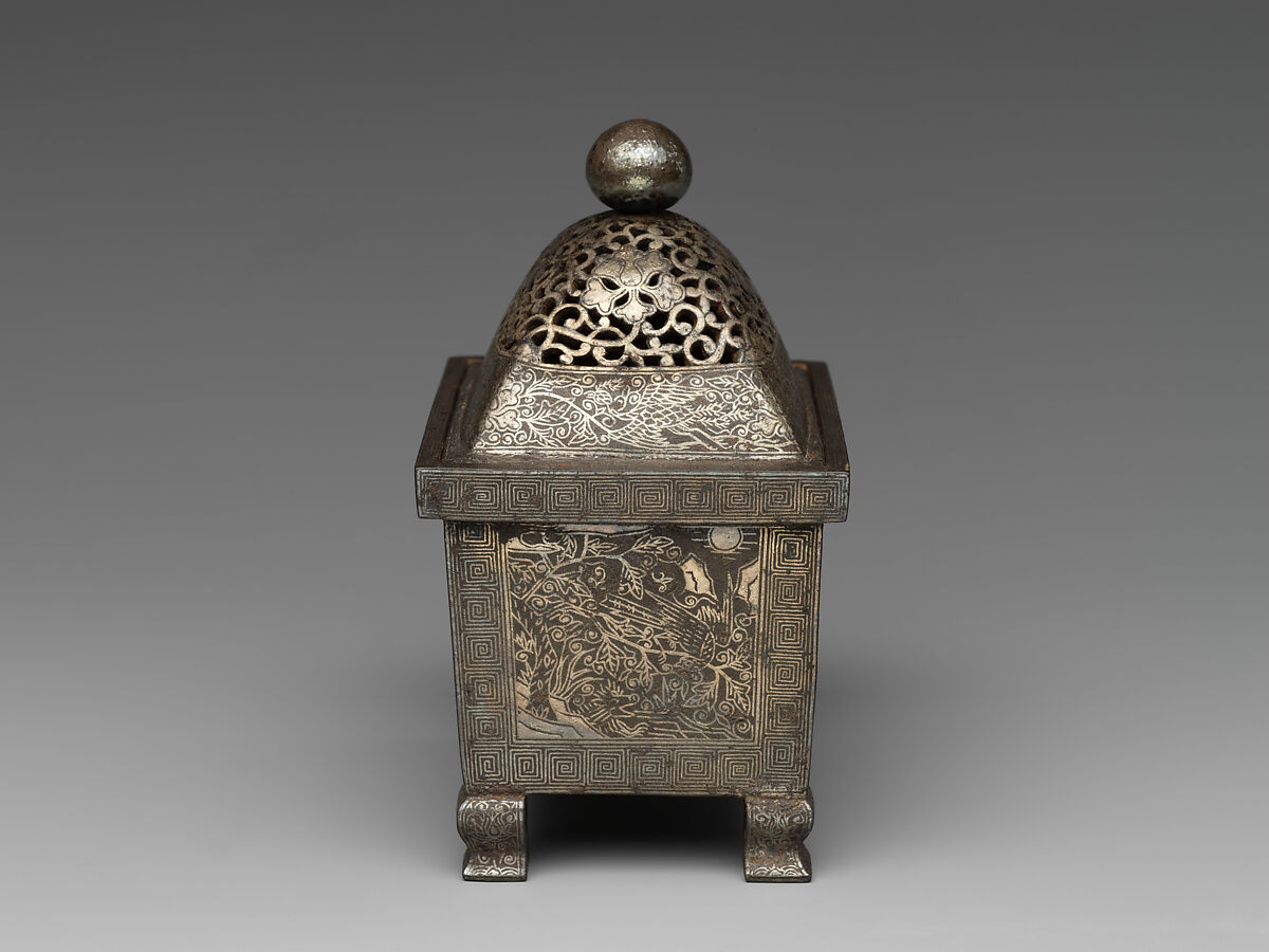 Incense burner with peacock and peony, Iron damascened with silver, China