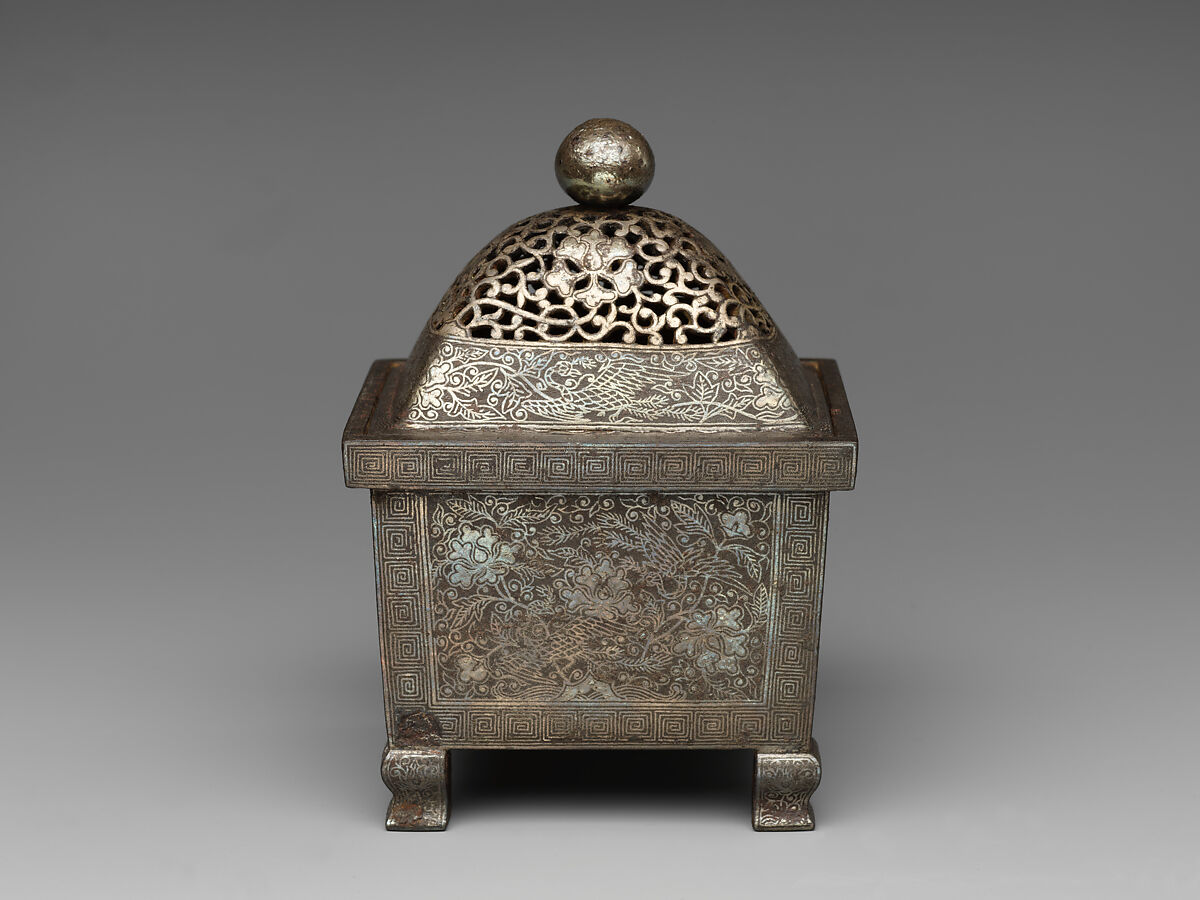 Incense burner with peacock and peony, Iron damascened with silver, China