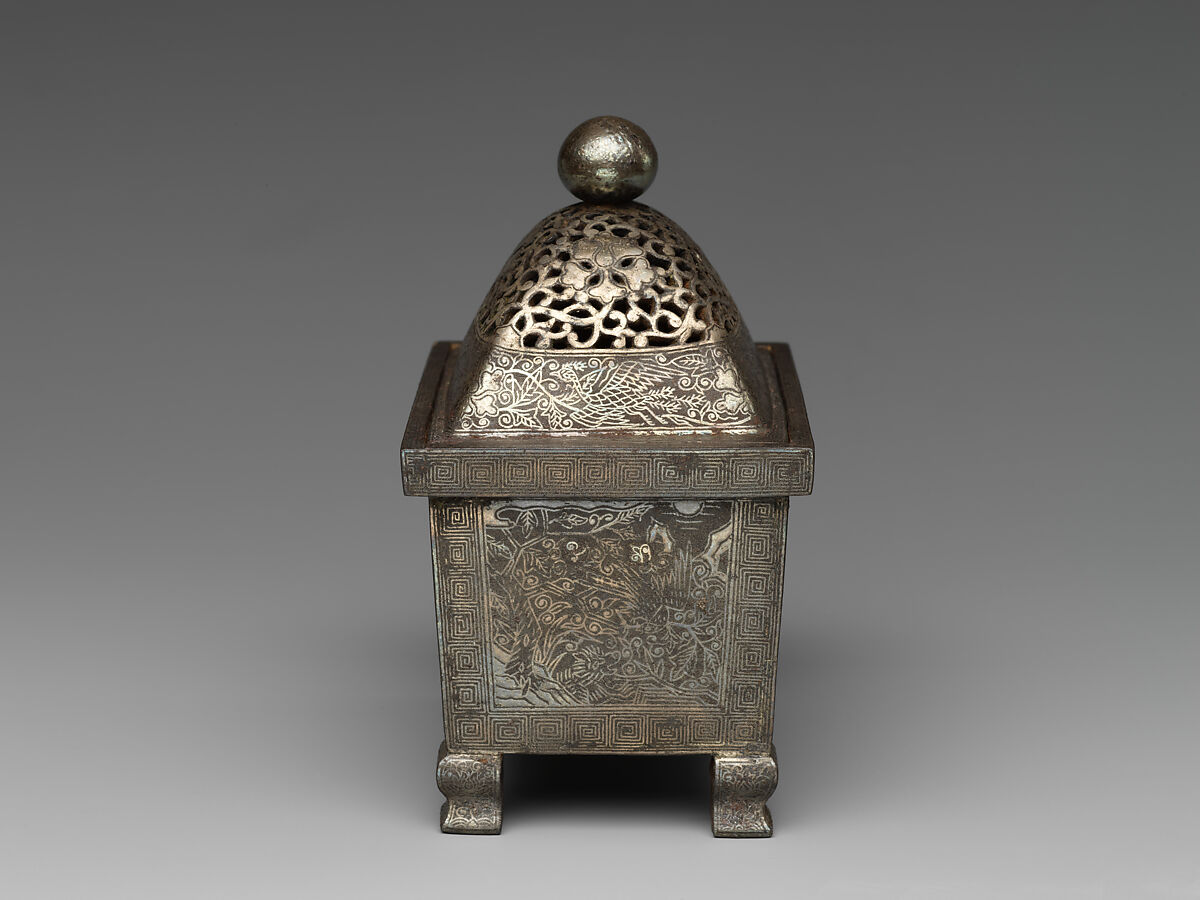 Incense burner with peacock and peony, Iron damascened with silver, China