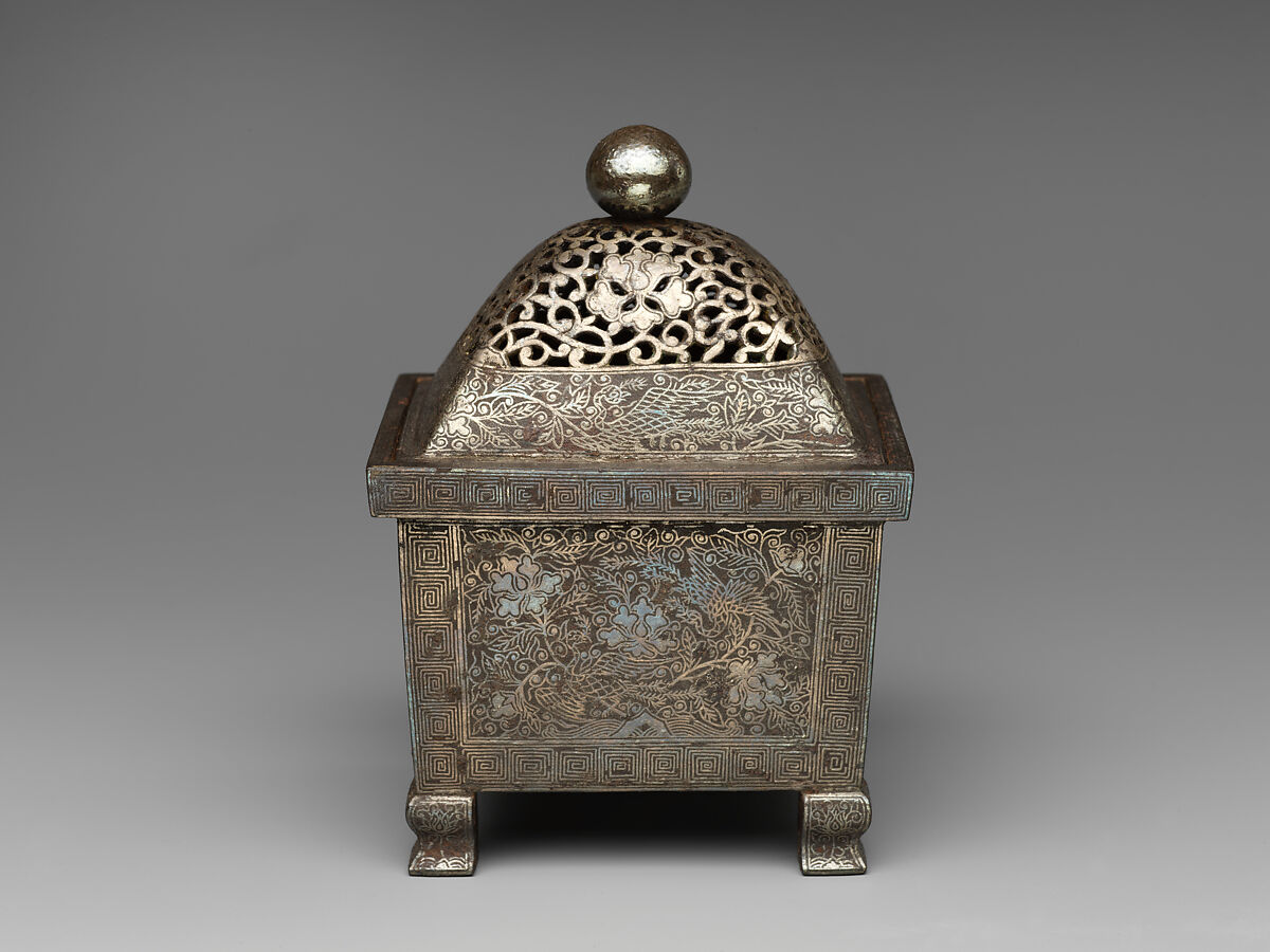 Incense burner with peacock and peony, Iron damascened with silver, China