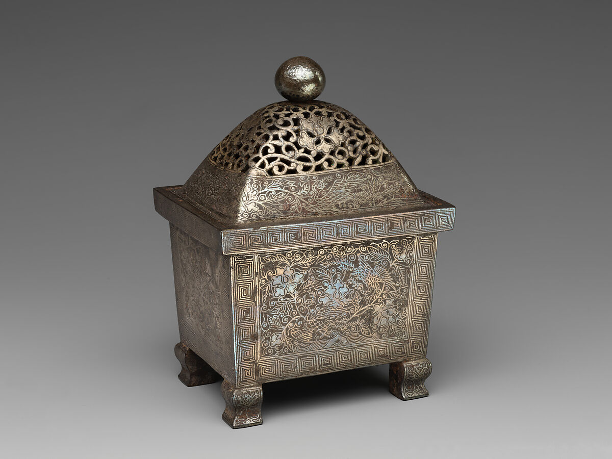 Incense Burner with Peacock and Peony, Iron with silver inlay, China 