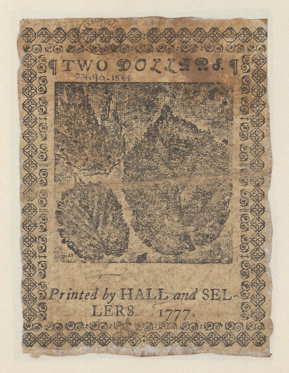 United Colonies Continental Currency – Two Dollars, Hall and Sellers, Philadelphia, Pennsylvania, Etching and engraving, and nature printing