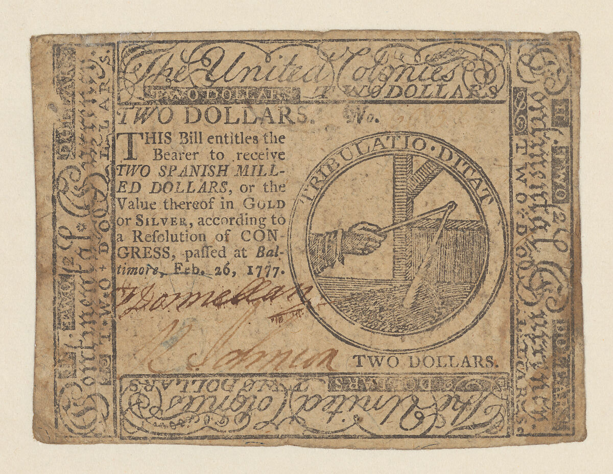 United Colonies Continental Currency – Two Dollars, Hall and Sellers, Philadelphia, Pennsylvania  American, Etching and engraving, and nature printing