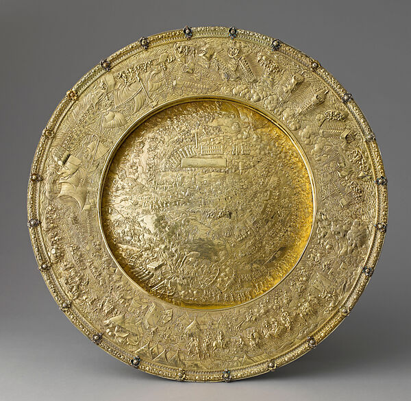 Basin showing the 1535 Siege of Tunis by Emperor Charles V, Gilded silver, enamel, Antwerp
 