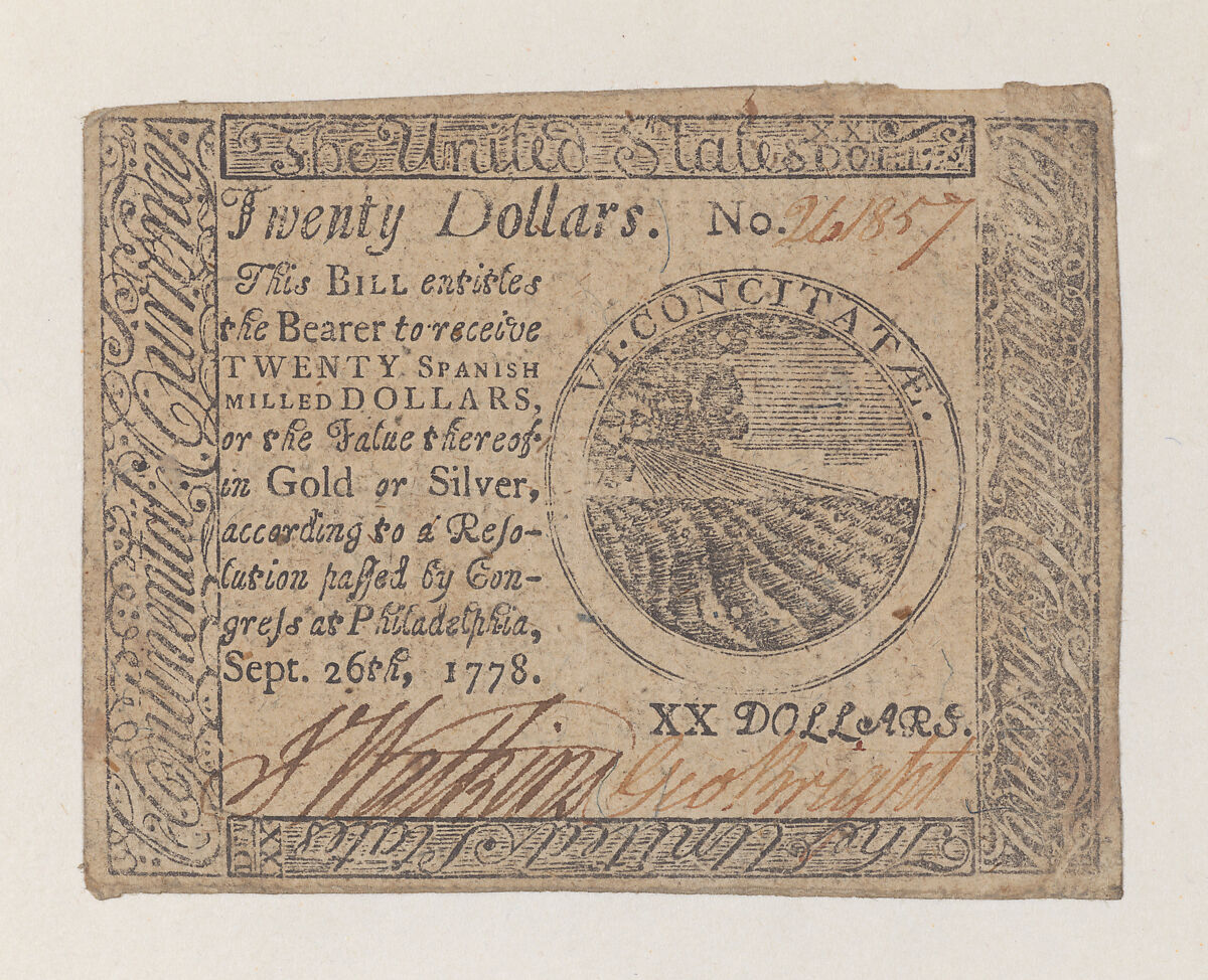 United States Continental Currency – Twenty Dollars, Hall and Sellers, Philadelphia, Pennsylvania  American, Engraving, letterpress, and nature printing