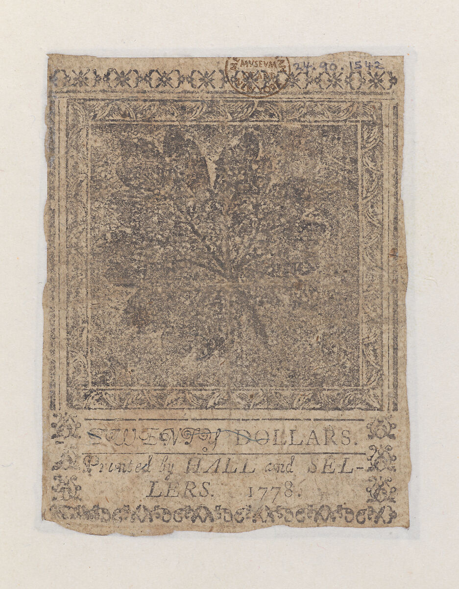 United States Continental Currency – Twenty Dollars, Hall and Sellers, Philadelphia, Pennsylvania, Engraving, letterpress, and nature printing