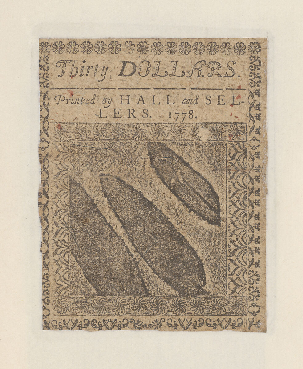 United States Continental Currency – Thirty Dollars, Hall and Sellers, Philadelphia, Pennsylvania, Engraving, letterpress, and nature printing