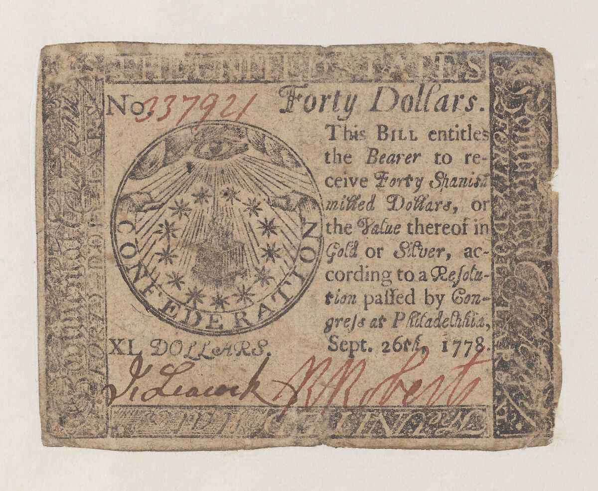 United States Continental Currency – Forty Dollars, Hall and Sellers, Philadelphia, Pennsylvania, Engraving, letterpress, and nature printing