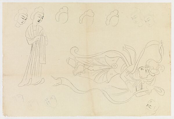 Court Lady and Dancer, Xie Zhiliu (Chinese, 1910–1997), Drawing; ink and pencil on paper, China 