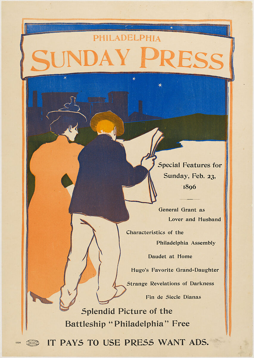Philadelphia Sunday Press, February 23, 1896, George Reiter Brill (American, Pittsburgh, Pennsylvania 1867–1918 Florida), Lithograph 