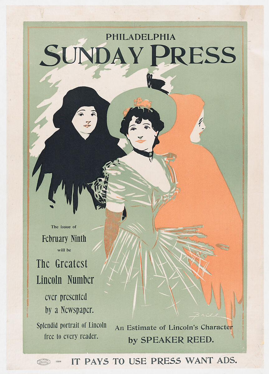 Advertisement for Philadelphia Sunday Press, February 9, 1896, George Reiter Brill (American, Pittsburgh, Pennsylvania 1867–1918 Florida), Lithograph 