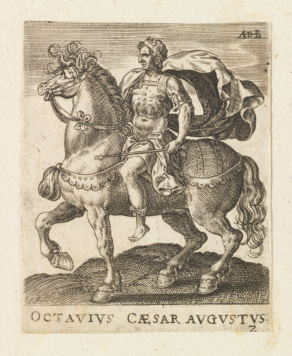 Octavius Caesar Augustus, from "Twelve Caesars on Horseback", Abraham de Bruyn (Flemish, Antwerp 1540–1587 Cologne (?)), Engraving 