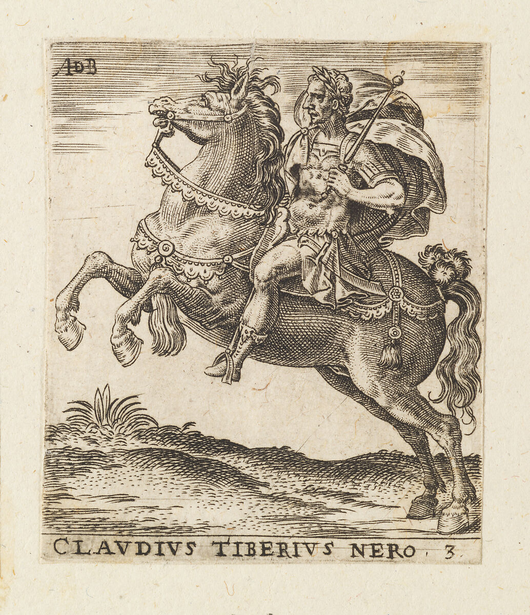 Claudius Tiberius Nero, from "Twelve Caesars on Horseback", Abraham de Bruyn (Flemish, Antwerp 1540–1587 Cologne (?)), Engraving 
