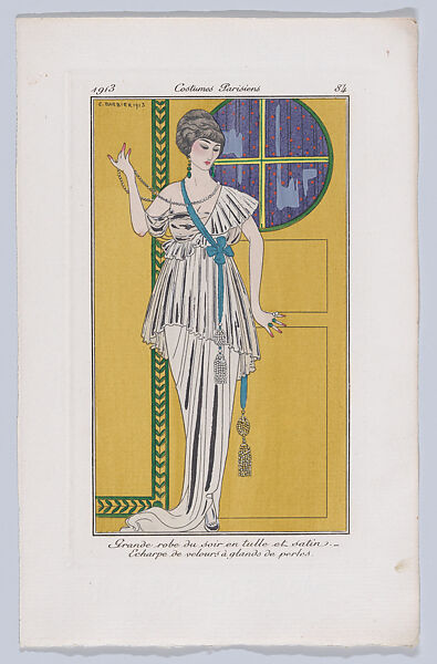 Costumes Parisiens: Grande robe du soir en tulle et satin; Echarpe de velours à glands de perles, Designed by George Barbier (French, Nantes 1882–1932 Paris), plates: hand colored engraving 