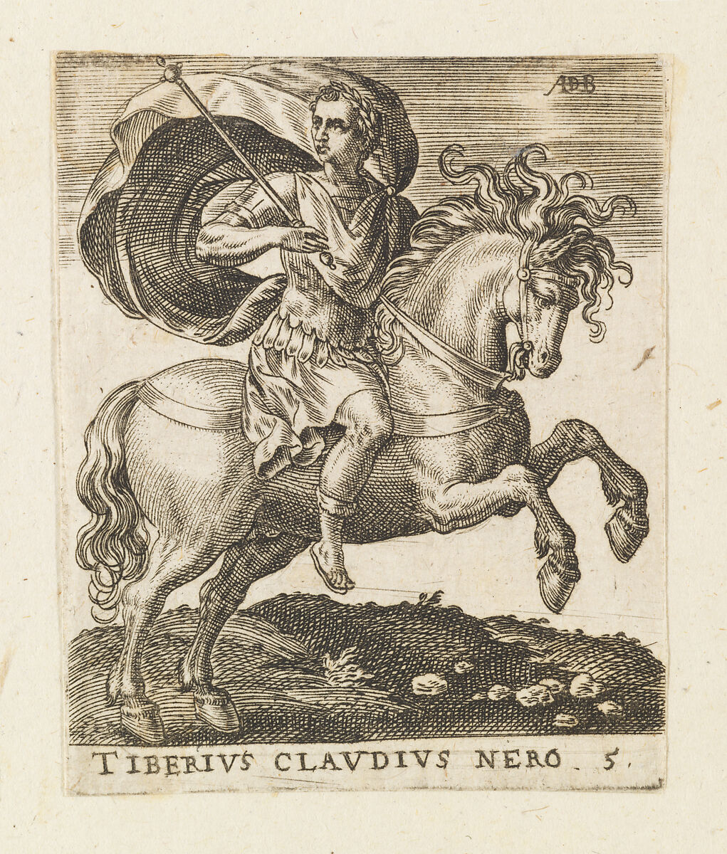 Tiberius Claudius Nero, from "Twelve Caesars on Horseback", Abraham de Bruyn (Flemish, Antwerp 1540–1587 Cologne (?)), Engraving 