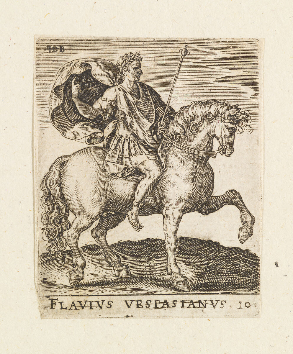 Flavius Vestasianus, from "Twelve Caesars on Horseback", Abraham de Bruyn (Flemish, Antwerp 1540–1587 Cologne (?)), Engraving 