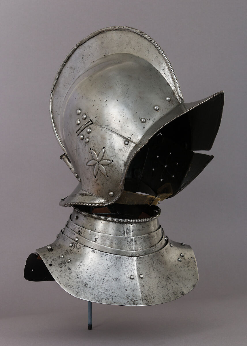 Helmet and Gorget, Steel, leather, copper alloy, German 
