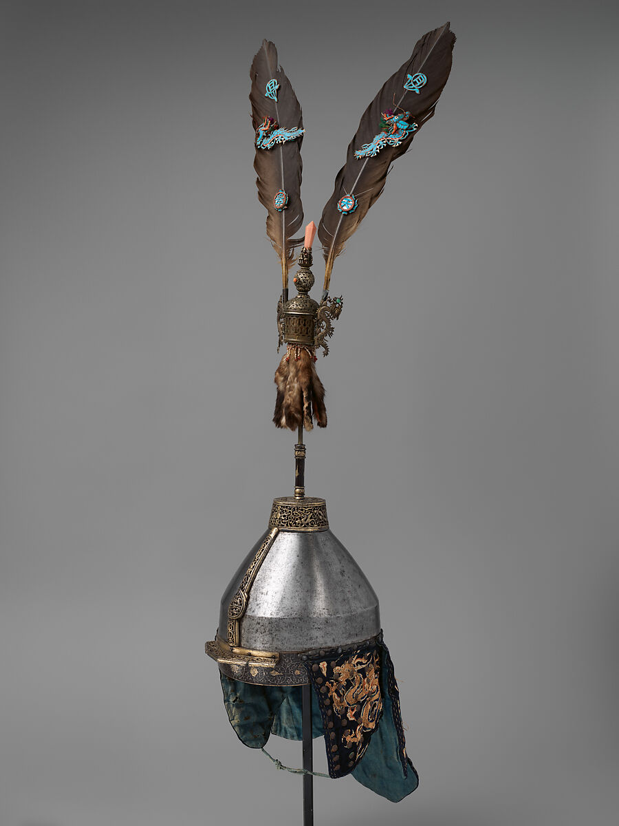 Helmet with Feather Crest (清   羽飾頭盔), Steel, gold, silk, feathers (eagle, kingfisher), paper, turquoise, coral, pearls, fur (marten), silk, copper alloy, silver, Chinese 