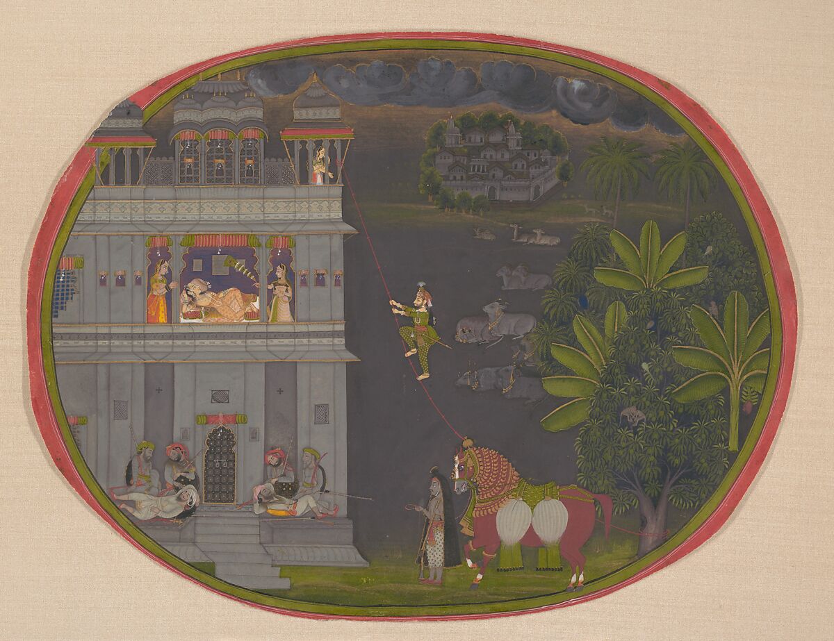 Escapade at Night:, Attributed to Chokha (Indian, active 1799–ca. 1826), Opaque watercolor, ink and gold on paper, India (Rajasthan, Mewar) 