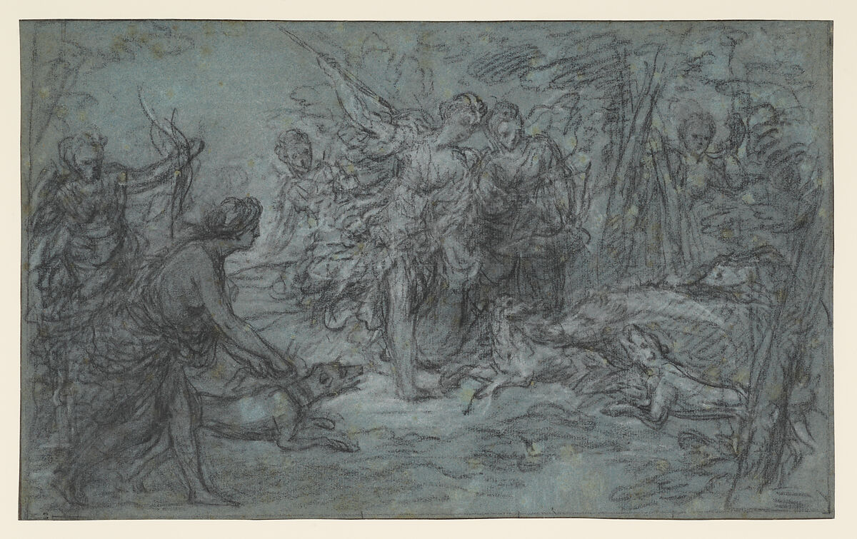 Diana and her Companions Hunting Wild Boar, Louis de Boullogne the Younger (French, Paris 1654–1733 Paris), Black and white chalk on blue paper 