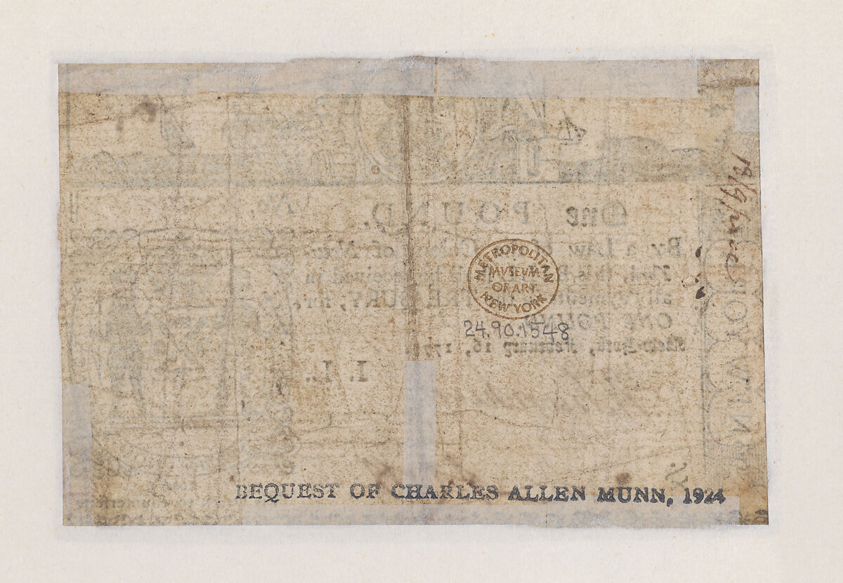 New York Colonial Currency – One Pound, Hugh Gaine (American, Belfast, Ireland ca. 1726–1807 New York), Engraving and letterpress
