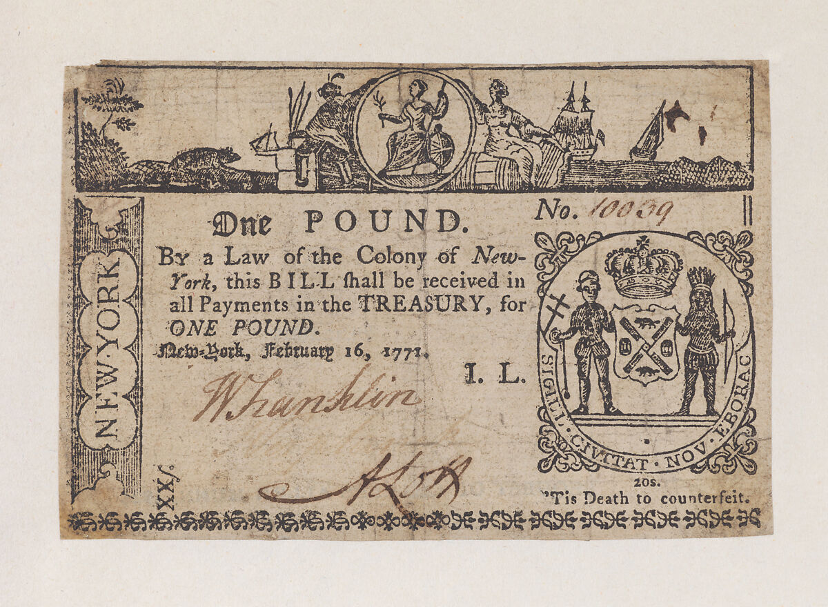 New York Colonial Currency – One Pound, Hugh Gaine  American, Engraving and letterpress