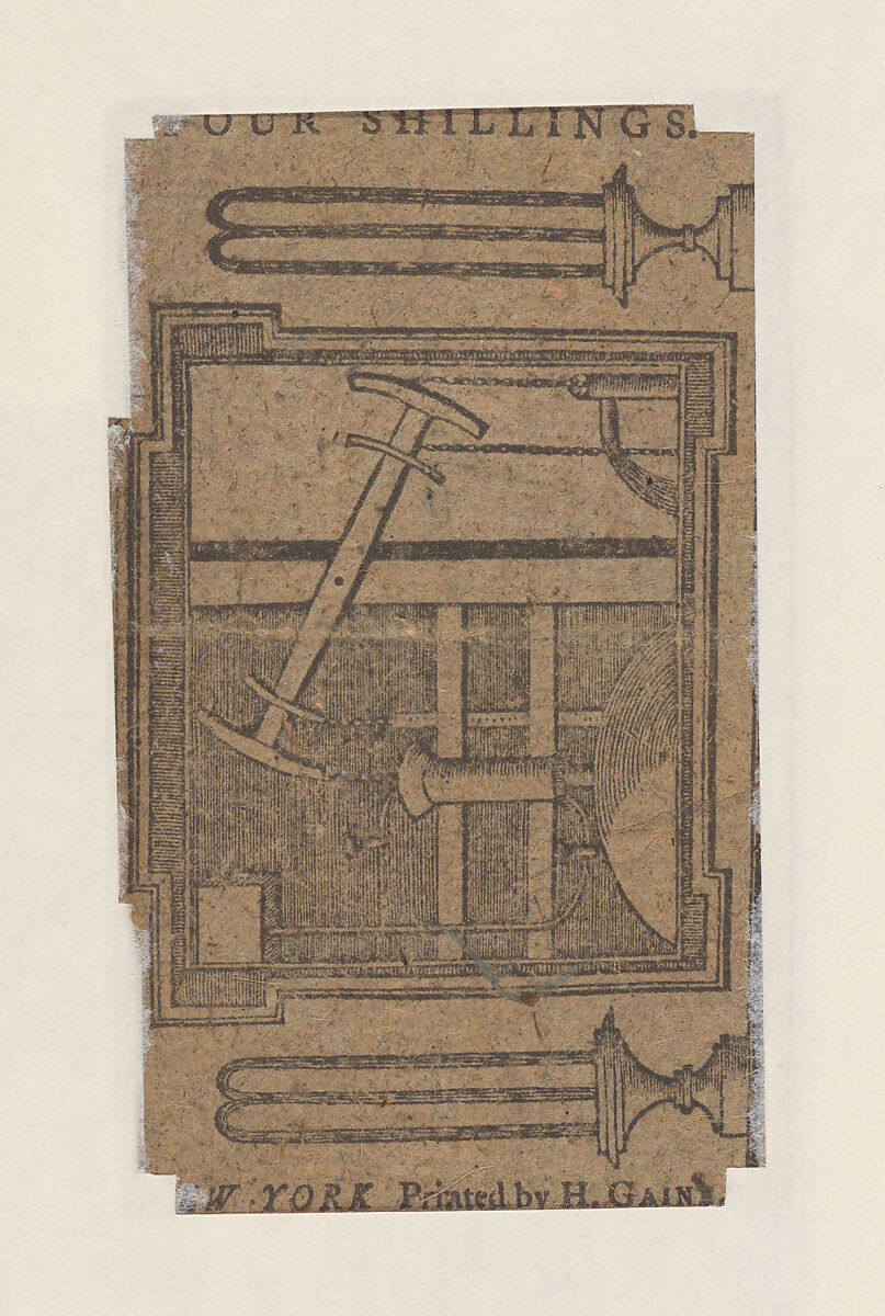 New York Colonial Currency [New York Water Works] – Four Shillings, Hugh Gaine (American, Belfast, Ireland ca. 1726–1807 New York), Engraving and letterpress, printed in red and black ink