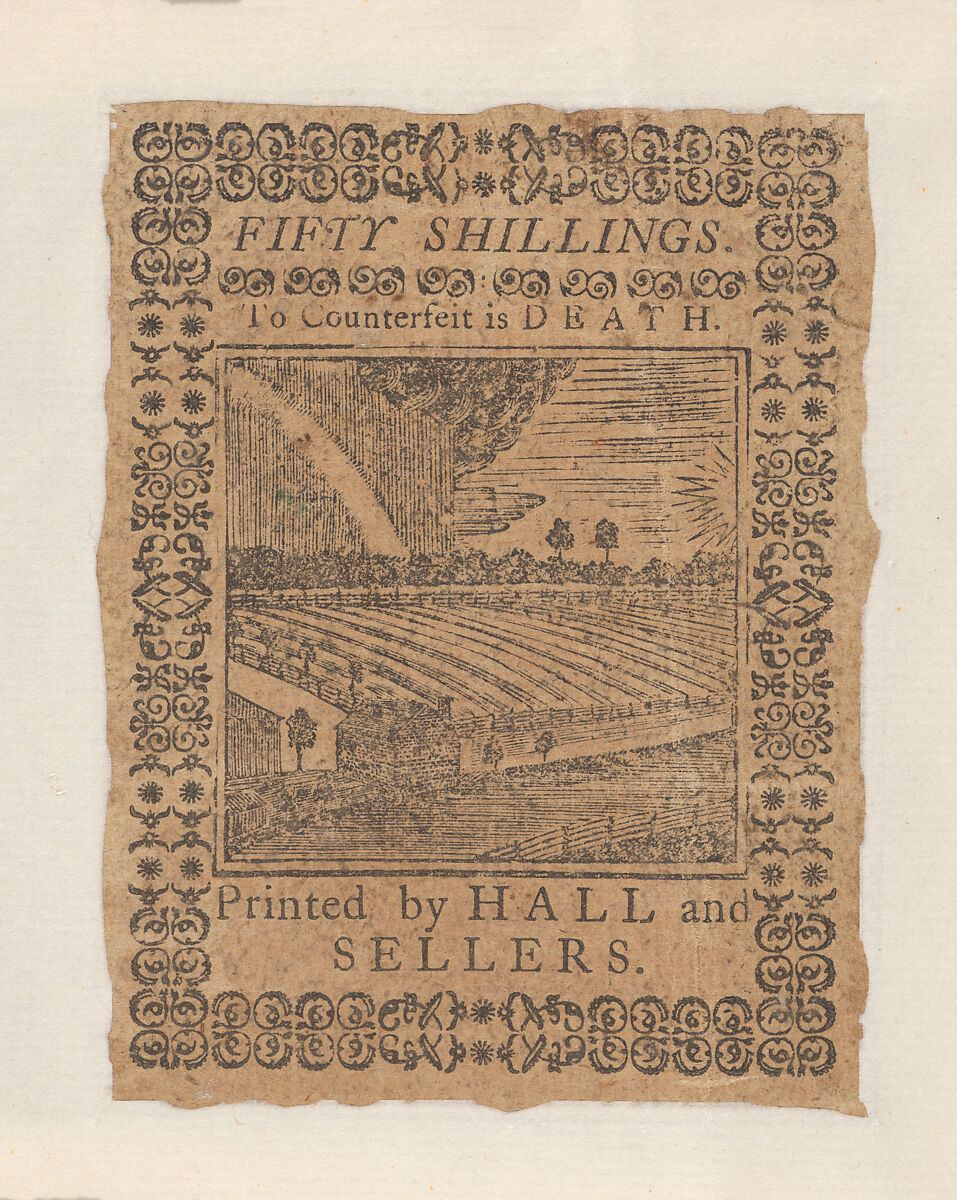 Pennsylvania Colonial Currency – Fifty Shillings, Hall and Sellers, Philadelphia, Pennsylvania, Engraving and typeset, printed in red and black ink